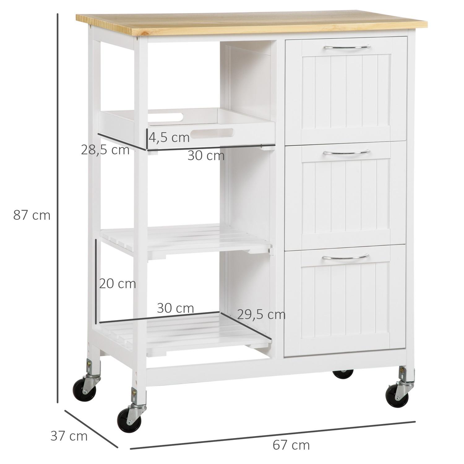 Northio Chariot de Cuisine, Chariot de Service avec 3 Tiroirs, 3 Niveaux, Plan de Travail, Chariot de Cuisine, Chariot de Rangement, Blanc, 67 x 37 x 85 cm  