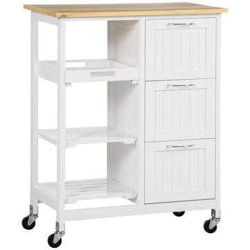 Carrello da cucina, carrello di servizio con 3 cassetti, 3 ripiani, piano di lavoro, carrello da cucina, carrello portaoggetti, bianco, 67 x 37 x 85 cm