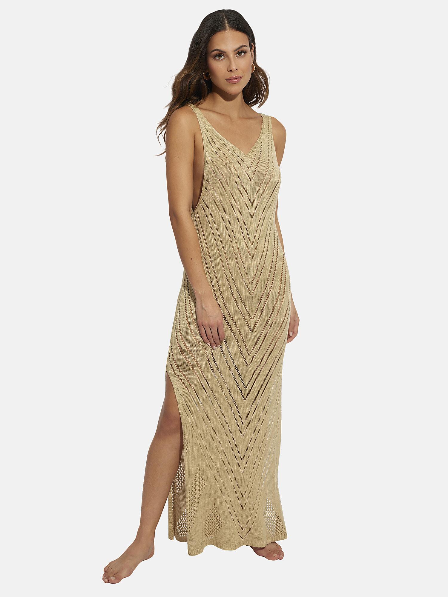 Image of Langes Strandkleid Mit Gestricktem V-ausschnitt Complementos Unisex Light Beige L