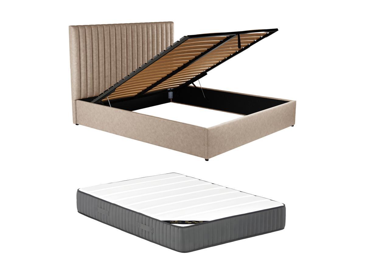 Vente-unique Lit coffre 180 x 200 cm avec tête de lit coutures verticales - Tissu - Taupe + Matelas - SARAH  