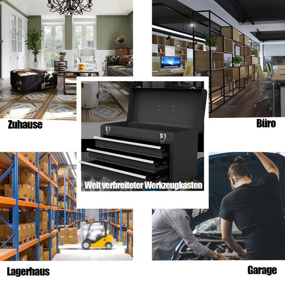 B2X Metall Werkzeugkiste mit 3 Schubladen & Oberem Fach Werkzeugkasten 52 x 21 x 30 cm Schwarz  