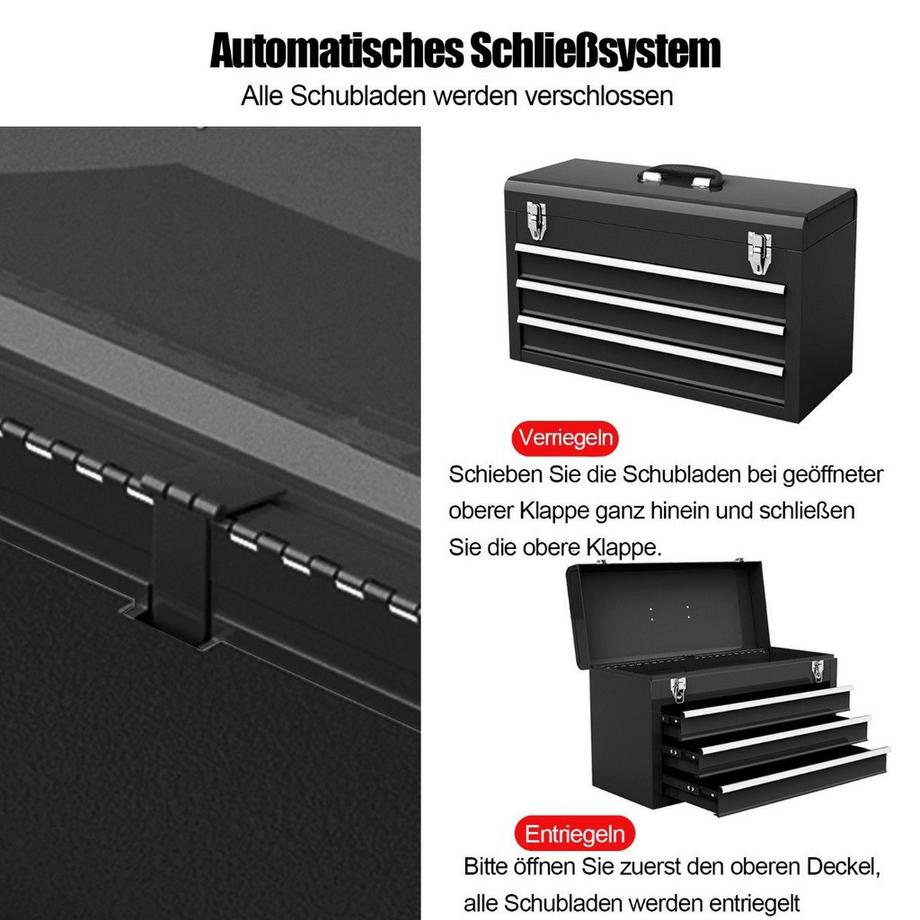 B2X Metall Werkzeugkiste mit 3 Schubladen & Oberem Fach Werkzeugkasten 52 x 21 x 30 cm Schwarz  