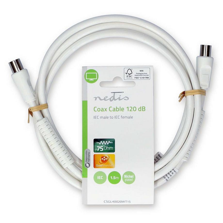 Nedis  Câble coaxial | IEC (Coax) mâle | IEC (Coax) femelle | Nickelé | 120 dB | 75 Ohm | Quatre blindages | 1,50 m | Rond | PVC | Blanc | Etiquette 