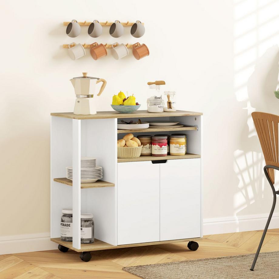 Northio Carrello da cucina carrello da servizio con armadio, ripiani scorrevoli e regolabili, carrello con piano di lavoro, ruote per sala da pranzo, 80 x 40 x 82 cm, bianco  