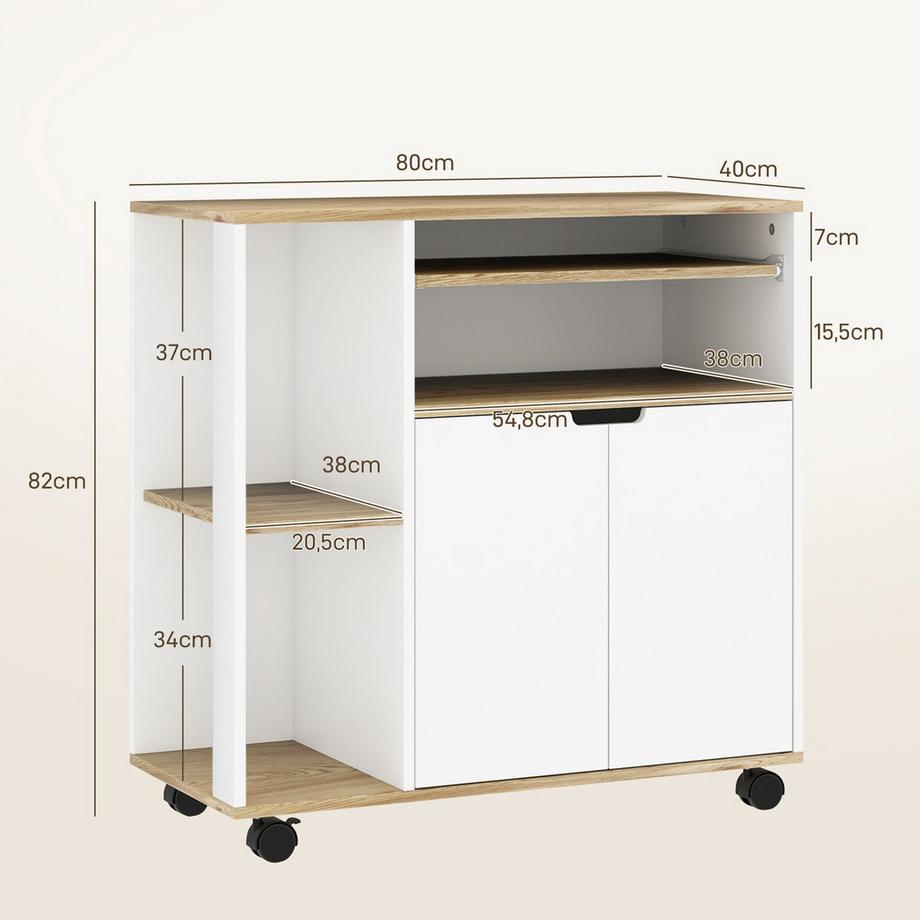 Northio Carrello da cucina carrello da servizio con armadio, ripiani scorrevoli e regolabili, carrello con piano di lavoro, ruote per sala da pranzo, 80 x 40 x 82 cm, bianco  