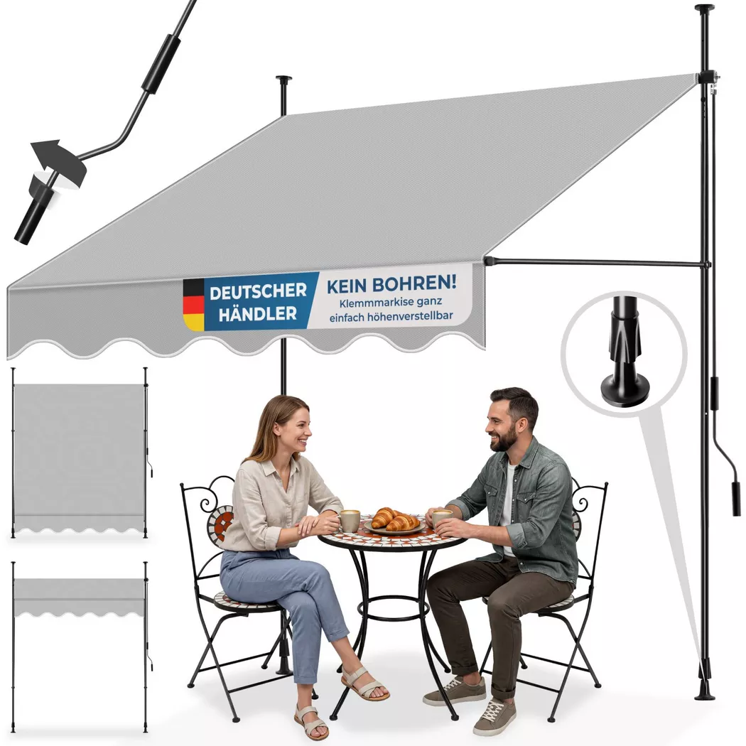 Tectake - Toldo plegable para balcón con manivela, ajustable en altura  Funcional  Estructura de acero con revestimiento en polvo con cilindro de aluminio ligero  Barras telescópicas con pies roscados