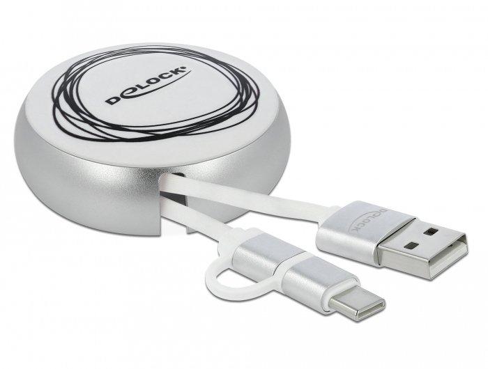 DeLock  Câble rétractable USB 2.0 2 en 1 Type-A à Micro-B et USB-C™ blanc / argenté 