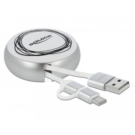 DeLock  Câble rétractable USB 2.0 2 en 1 Type-A à Micro-B et USB-C™ blanc / argenté 