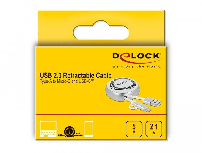 DeLock  Câble rétractable USB 2.0 2 en 1 Type-A à Micro-B et USB-C™ blanc / argenté 