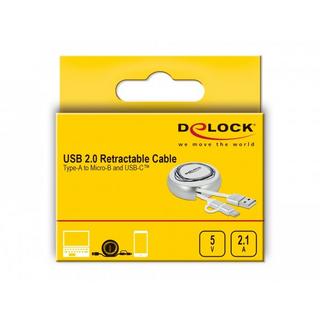 DeLock  Câble rétractable USB 2.0 2 en 1 Type-A à Micro-B et USB-C™ blanc / argenté 