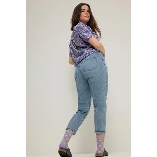 Studio Untold  Jean mom avec coutures colorées et coupe 5 poches. Taille élastique, braguette zippée 