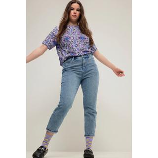 Studio Untold  Jean mom avec coutures colorées et coupe 5 poches. Taille élastique, braguette zippée 