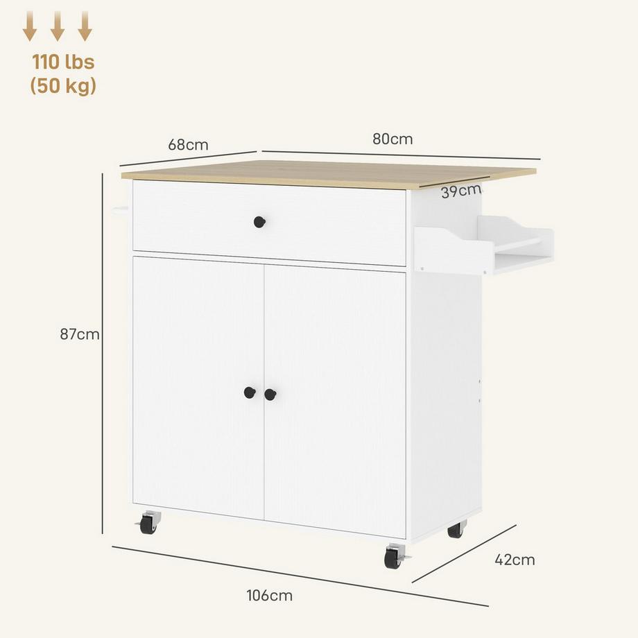 Northio Kücheninsel Küchenwagen auf Rollen mit Klappbar Arbeitsplatte, Schublade, Küchenschrank Rollbar mit Einlegeboden, Handtuchstange, Gewürzregal, Servierwagen Weiß  