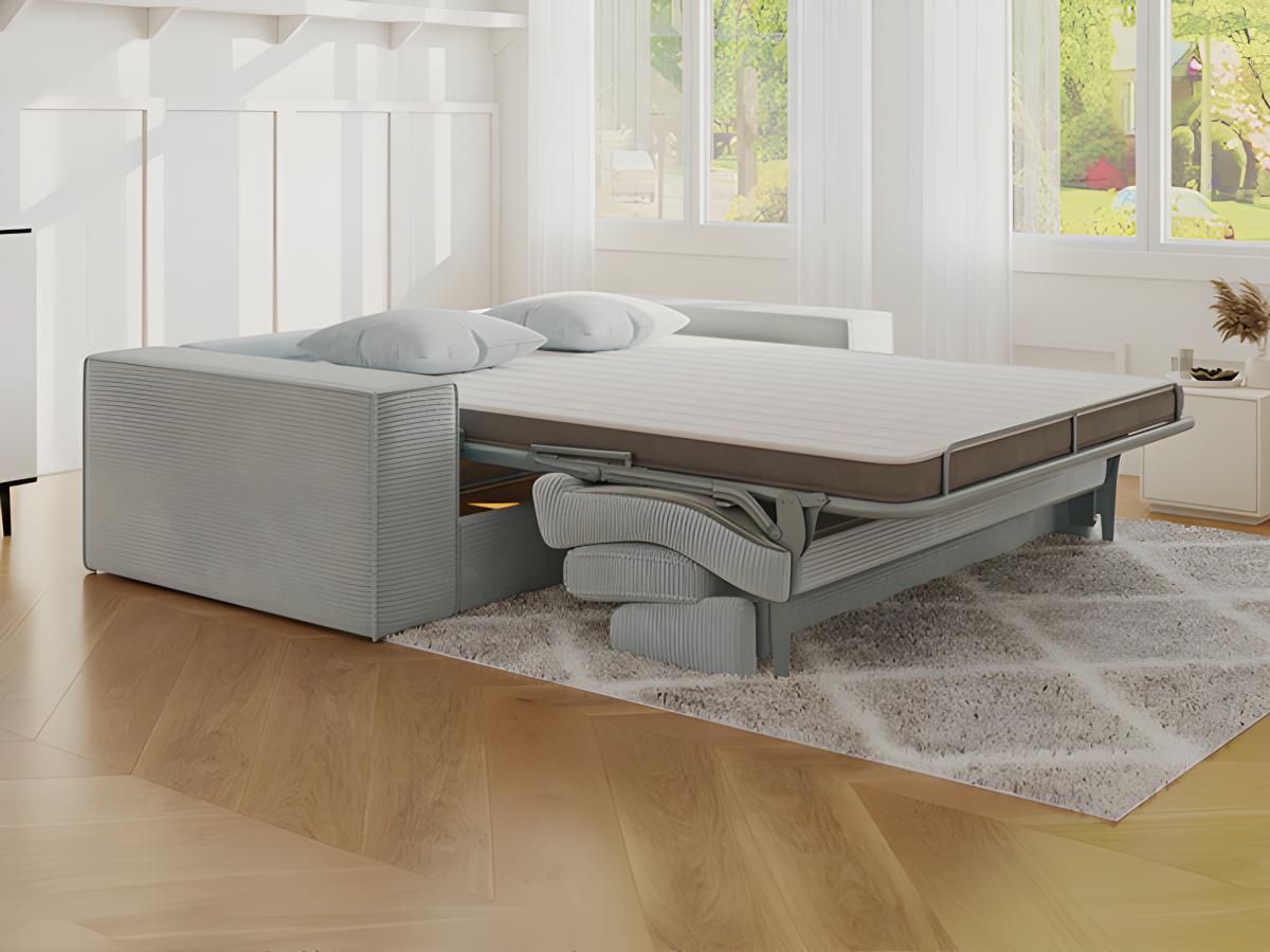 Vente-unique Canapé 3 places convertible express en velours côtelé gris -Couchage 140 cm -  Matelas 14 cm avec mémoire de forme - AMELIA  