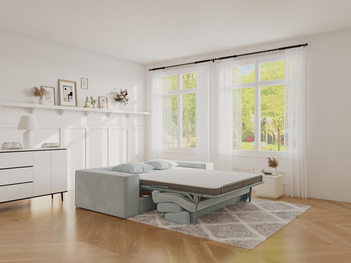 Vente-unique Divano letto 3 posti a ribalta in Velluto a coste Grigio Letto 140 cm Materasso 14 cm con memory foam - AMELIA  