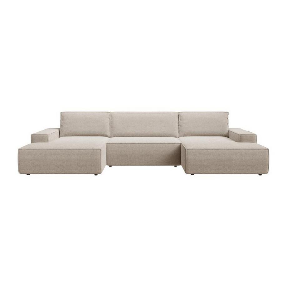 Vente-unique Grand canapé d'angle panoramique convertible en tissu texturé beige AMELIA  