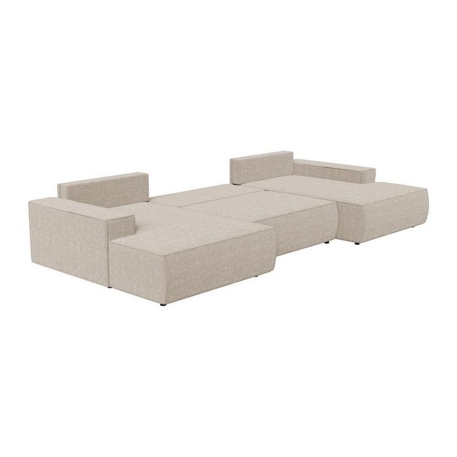 Vente-unique Grand canapé d'angle panoramique convertible en tissu texturé beige AMELIA  