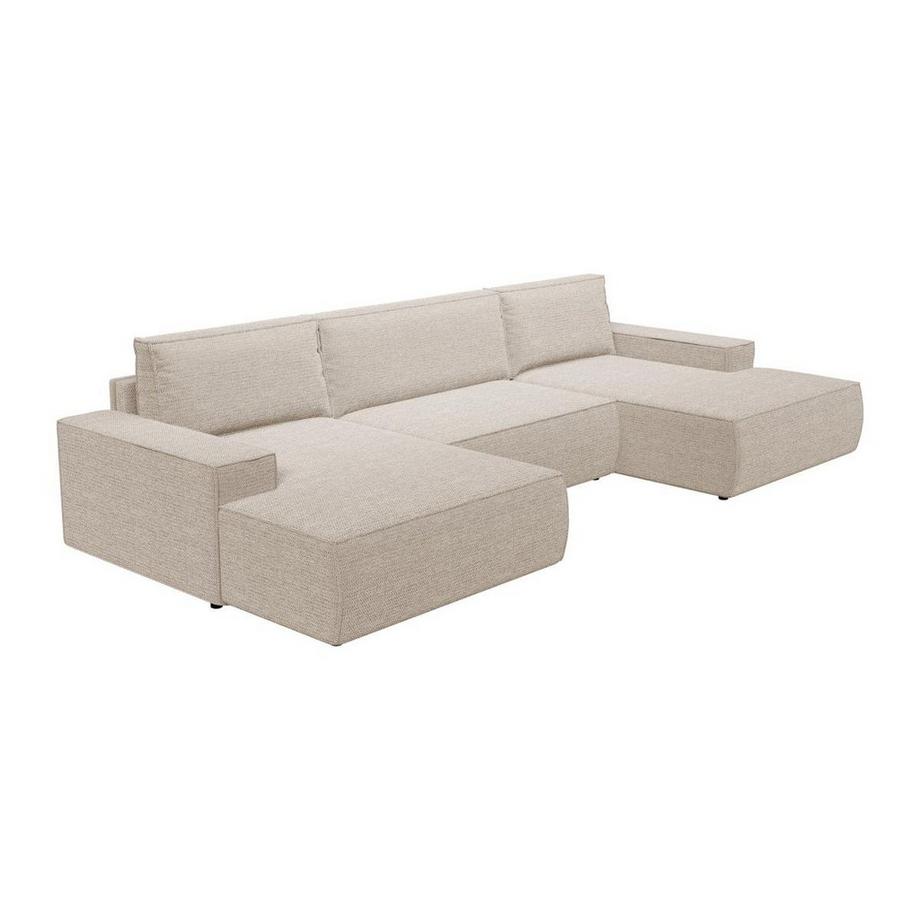 Vente-unique Grand canapé d'angle panoramique convertible en tissu texturé beige AMELIA  