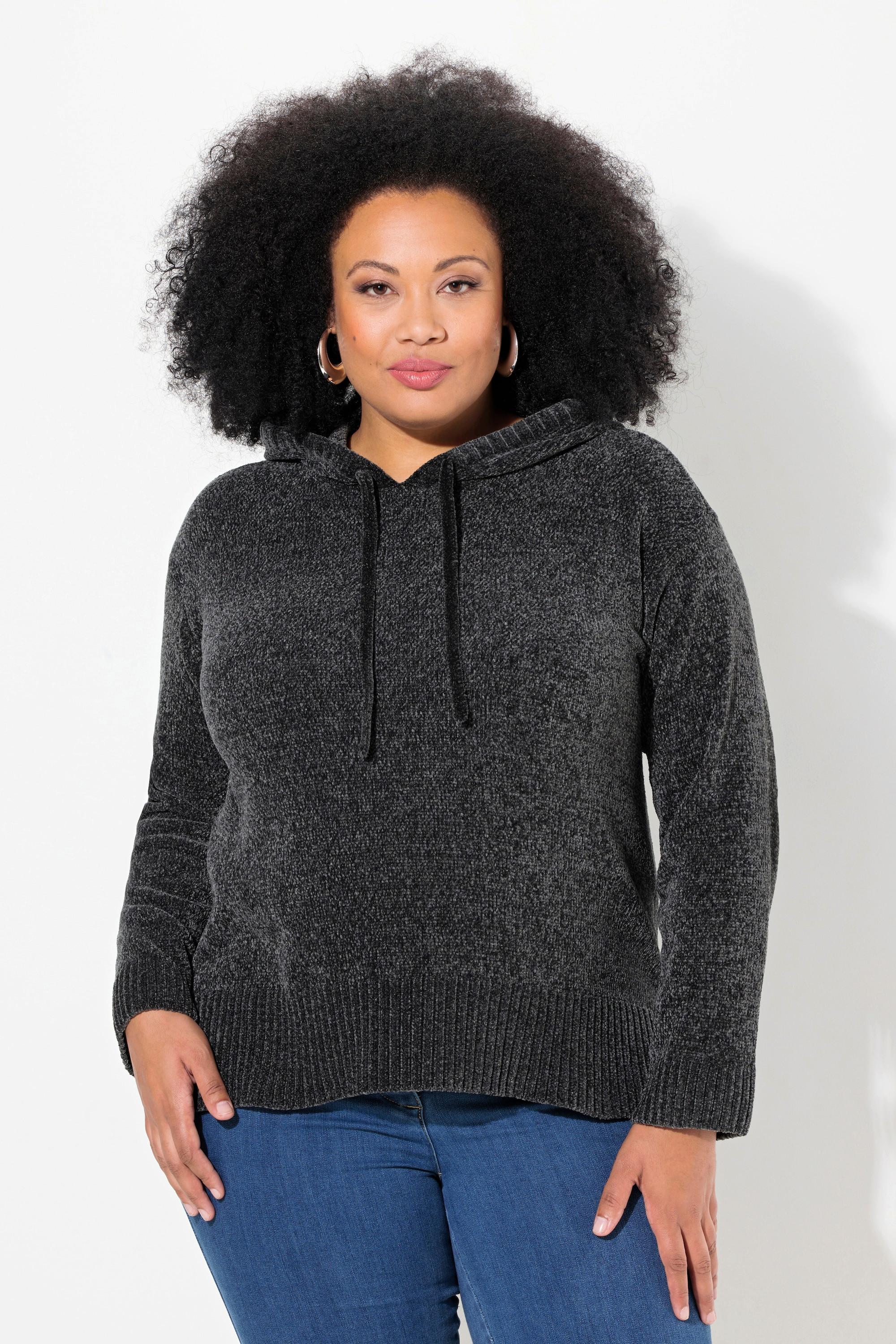 Ulla Popken  Sweat-shirt en maille chenille, capuche avec cordon de serrage, manches longues 