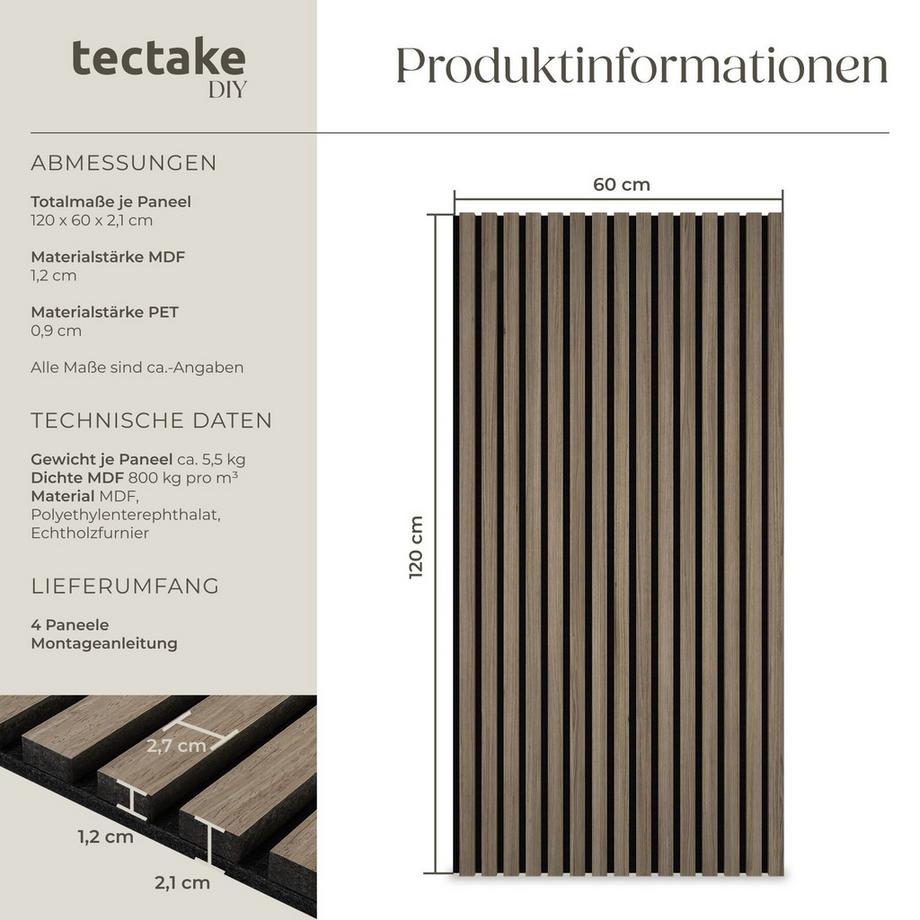 Tectake Akustikpaneele Sonic Wall Holzoptik in Eiche dunkel schallabsorbierender Filz - 4er Set  