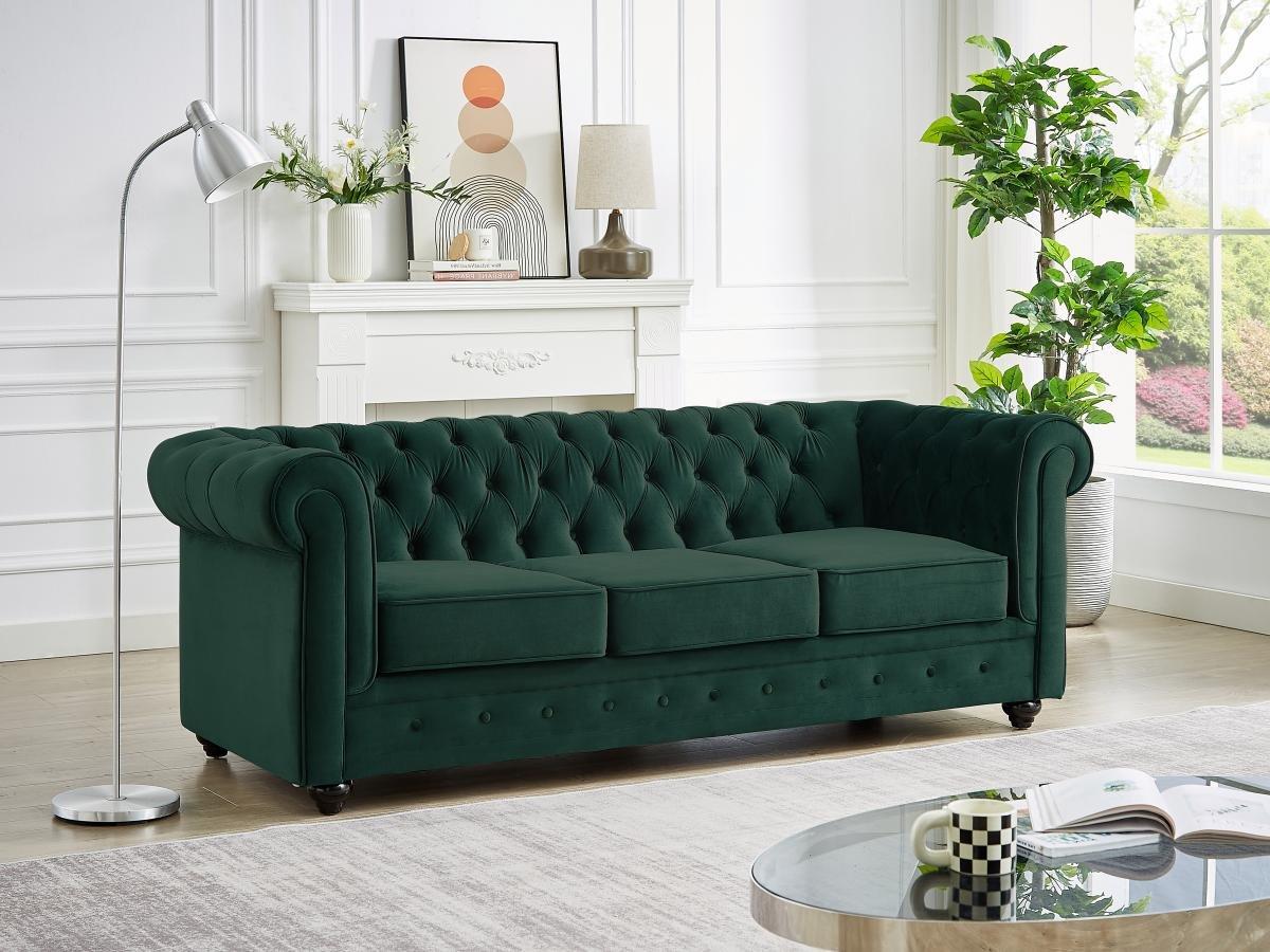 Vente-unique Sofa 3-Sitzer & Sessel - Samt - Grün - CHESTERFIELD  