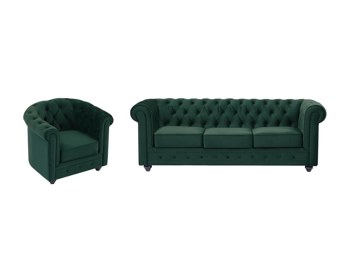 Vente-unique Sofa 3-Sitzer & Sessel - Samt - Grün - CHESTERFIELD  