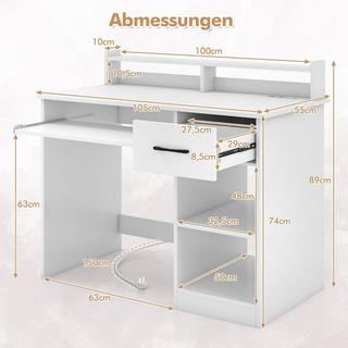Northix Schreibtisch mit Ladestation Tastaturablage Schublade & verstellbarem Regal Weiß 105 x 55 x 89 cm  