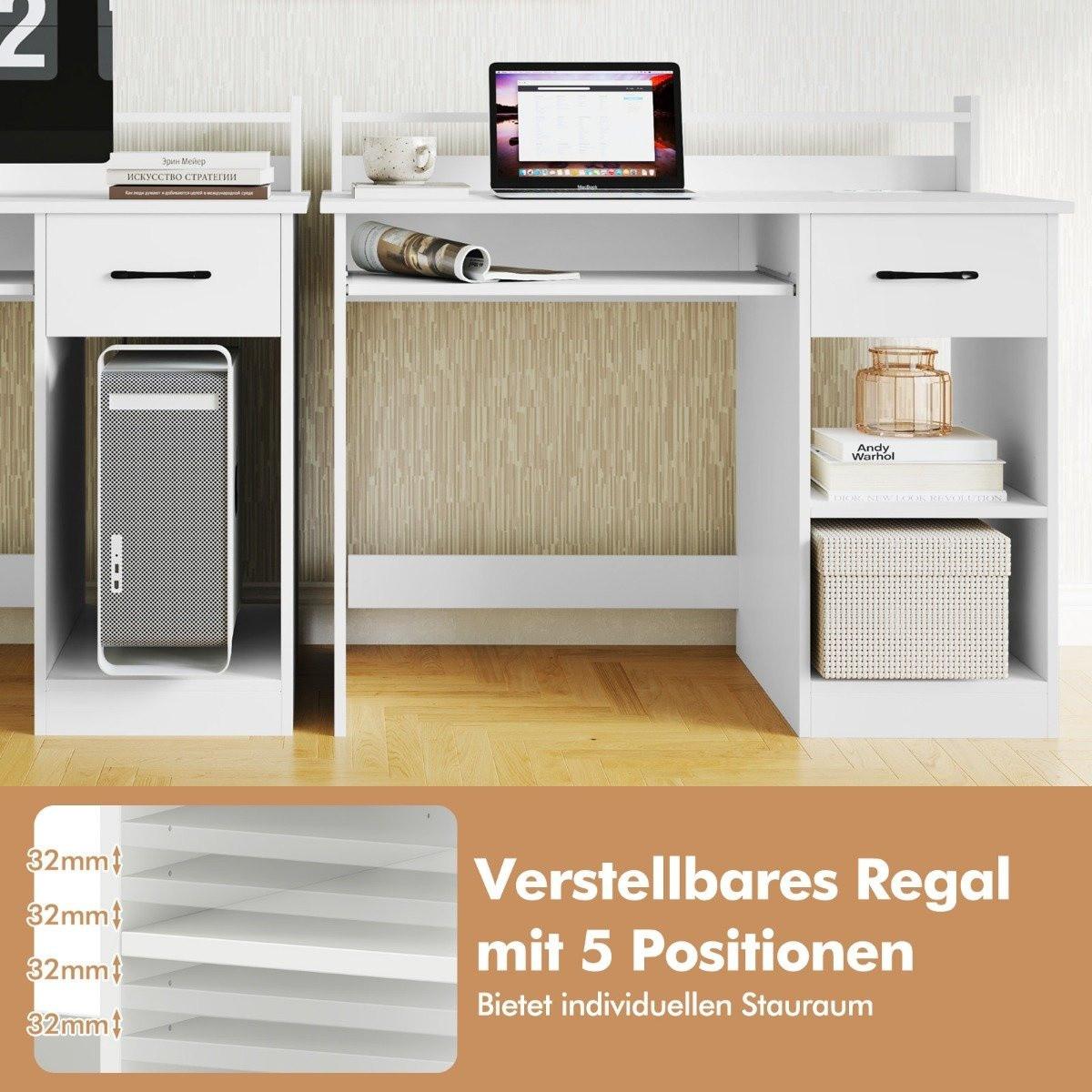 Northix Schreibtisch mit Ladestation Tastaturablage Schublade & verstellbarem Regal Weiß 105 x 55 x 89 cm  