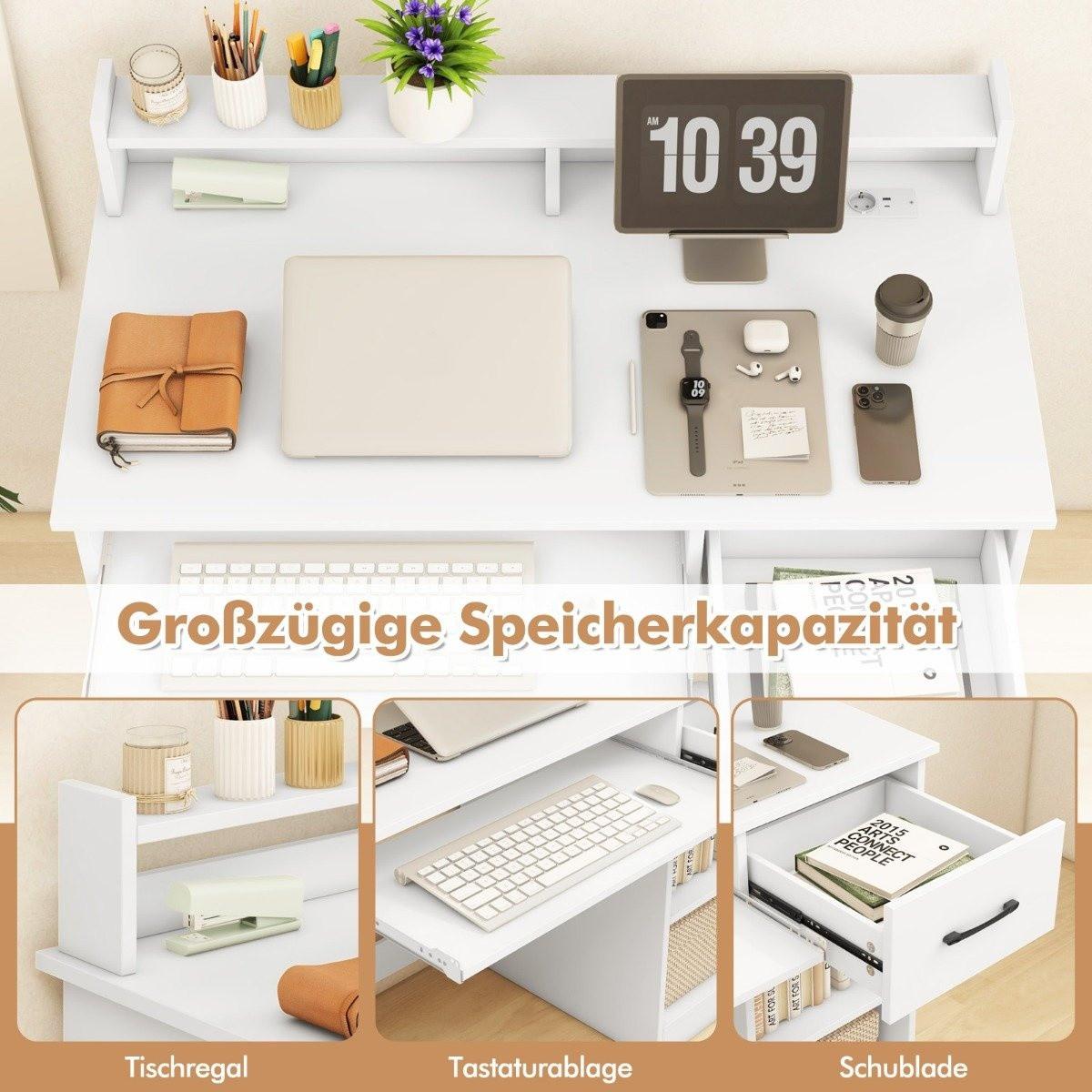 Northix Schreibtisch mit Ladestation Tastaturablage Schublade & verstellbarem Regal Weiß 105 x 55 x 89 cm  