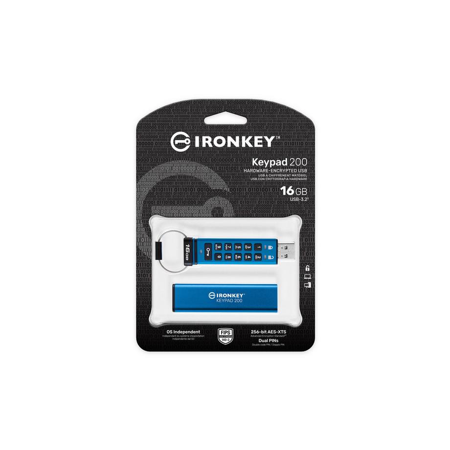 KINGSTON TECHNOLOGY  Kingston Technology IronKey 16GB Keypad 200, FIPS 140-3 Lvl 3 (ausstehend) AES-256 Verschlüsselung 