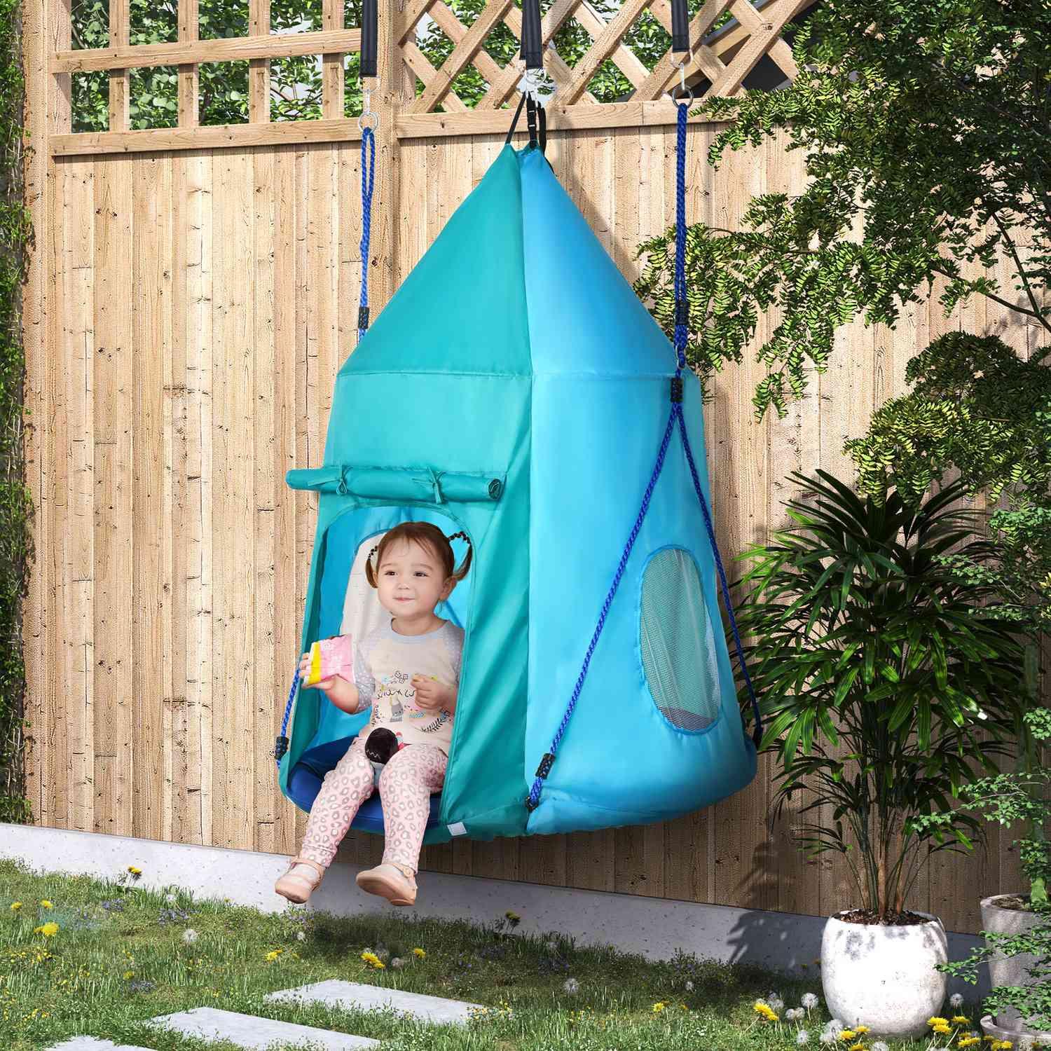 Northio Balançoire Nid Avec Tente, Balançoire De Jardin Ø100 Cm, Balançoire Pour Enfants Avec Fenêtre Et Cordes Réglables En Longueur, Étanche Jusqu'À 150 Kg Bleu-Vert  