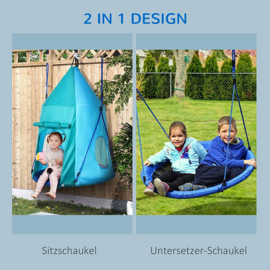 Northio Nestschaukel Mit Zelt, Ø100 Cm Gartenschaukel, Kinderschaukel Mit Fenster Und Längenverstellbaren Seilen, Wasserdicht Bis 150 Kg Blaugrün  