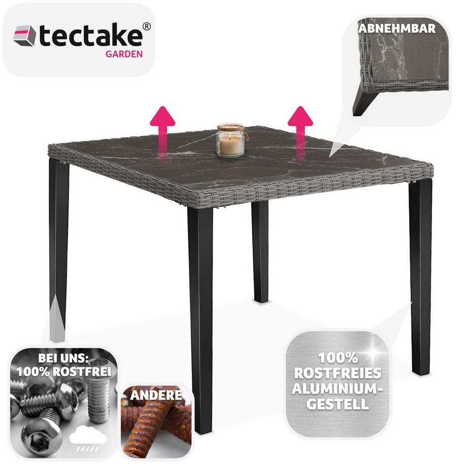 Tectake Rattan Tisch Tarent mit Aluminium- und Holzgestell abnehmbare Feinsteinzeugplatte  
