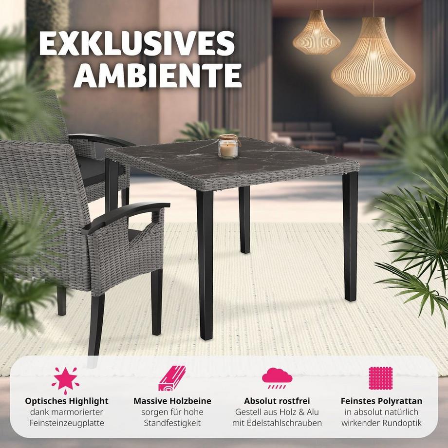 Tectake Rattan Tisch Tarent mit Aluminium- und Holzgestell abnehmbare Feinsteinzeugplatte  