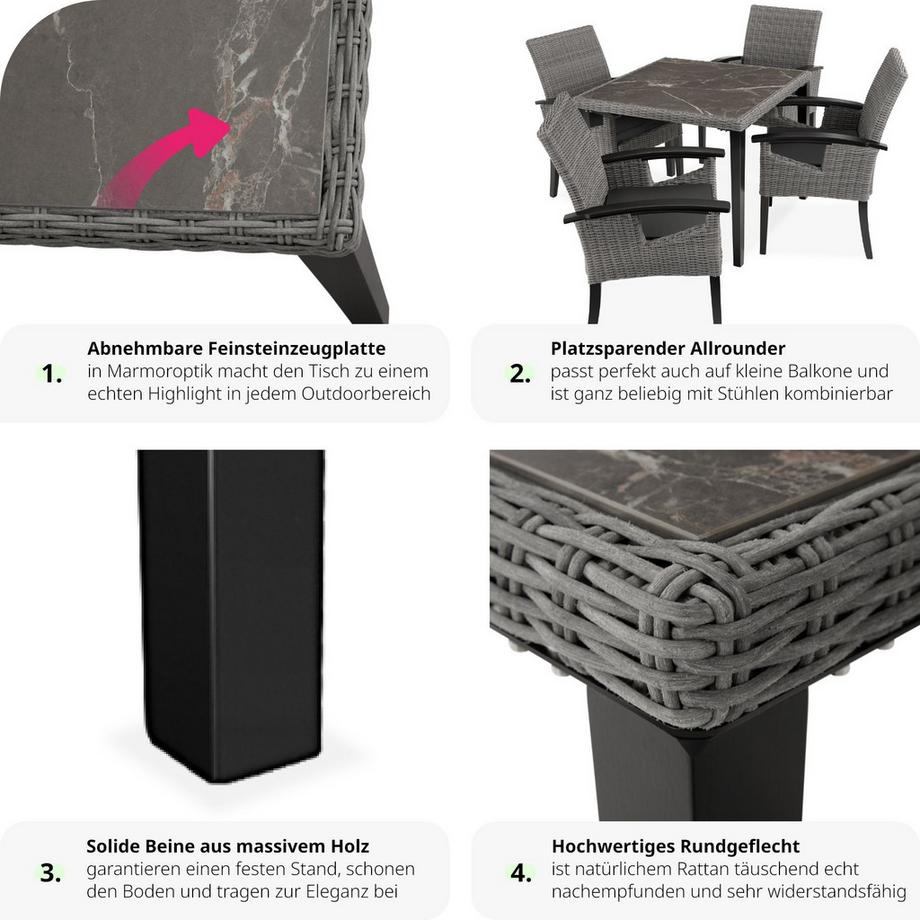 Tectake Rattan Tisch Tarent mit Aluminium- und Holzgestell abnehmbare Feinsteinzeugplatte  