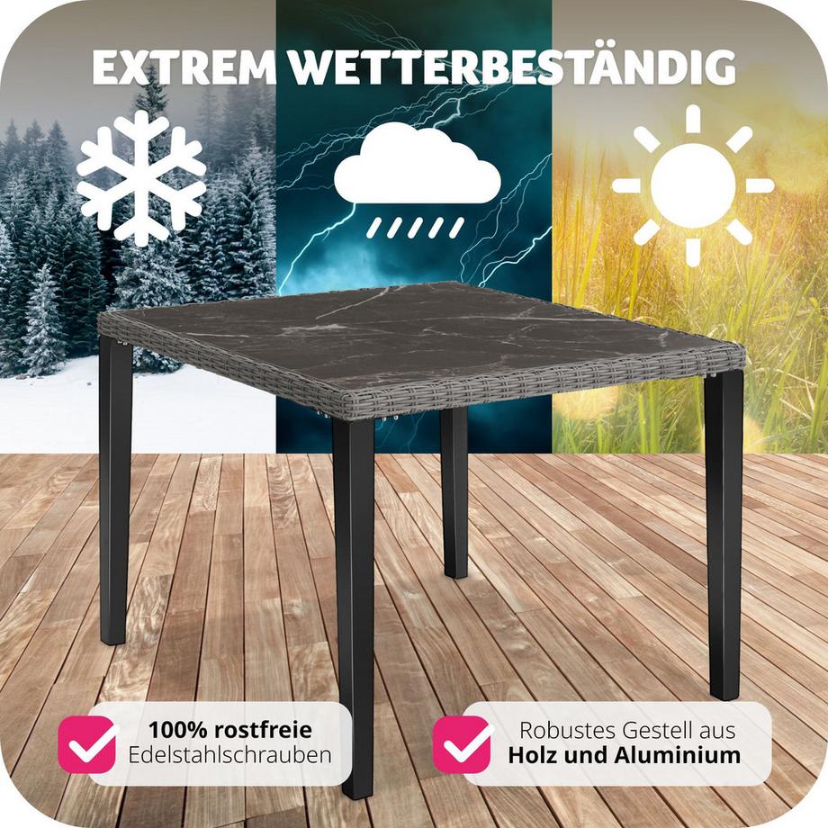 Tectake Rattan Tisch Tarent mit Aluminium- und Holzgestell abnehmbare Feinsteinzeugplatte  