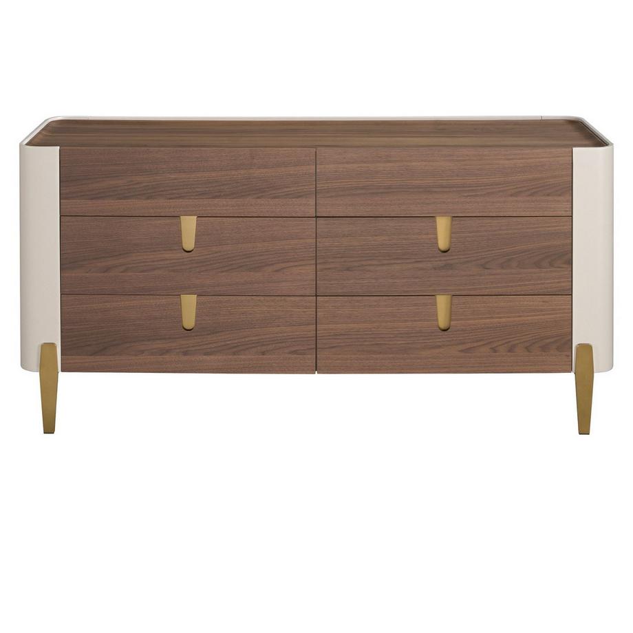 ANGEL CERDA Cassettiera in legno beige, acciaio lucido dorato e piano in noce  