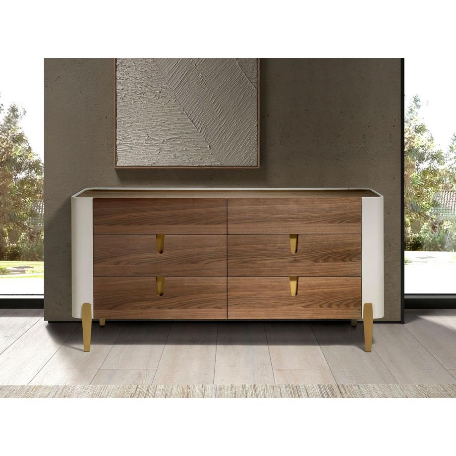 ANGEL CERDA Cassettiera in legno beige, acciaio lucido dorato e piano in noce  