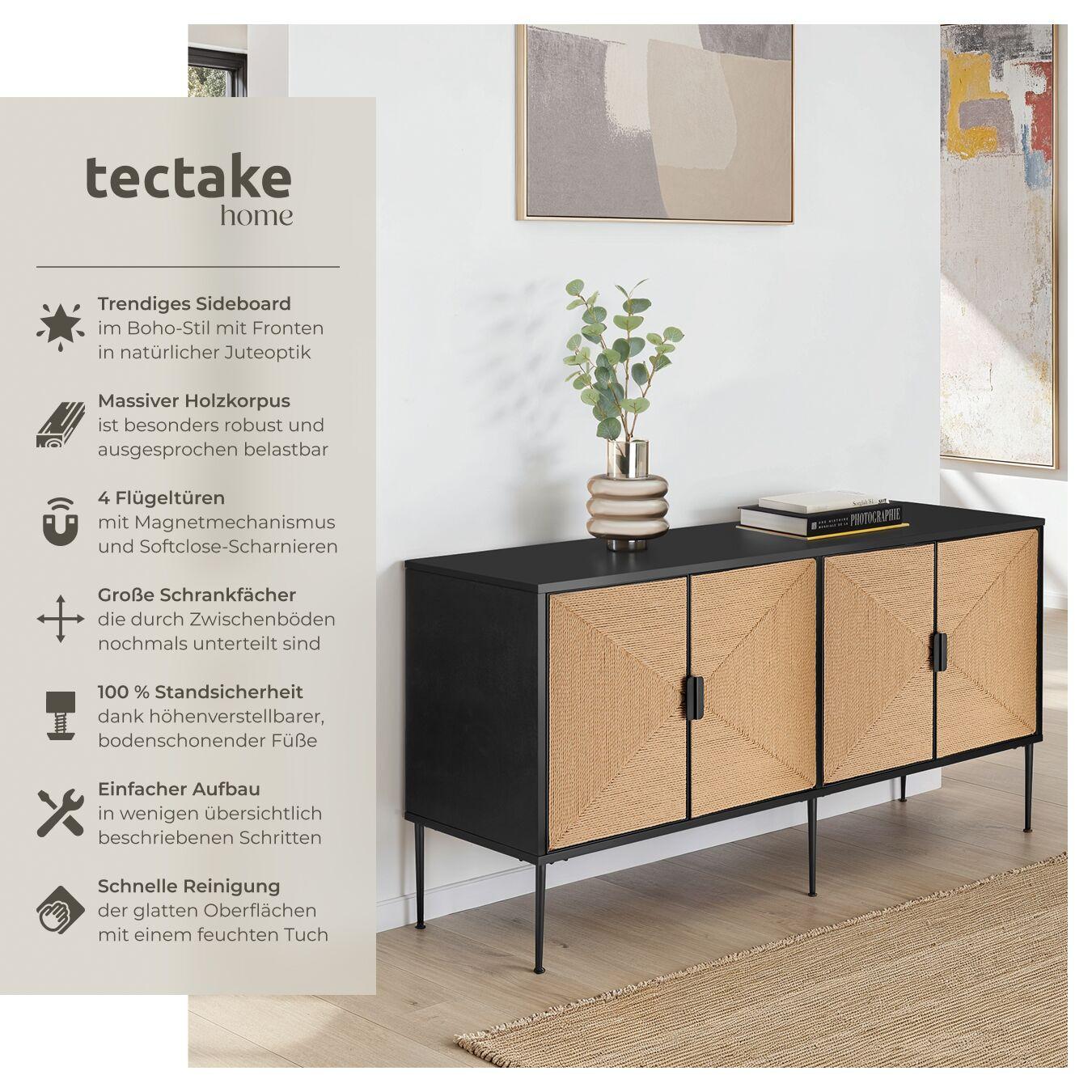 Tectake Sideboard Juna im Boho-Stil, Holzkorpus mit Fronten in Jute-Optik 2 Fächer mit Magnettüren und Zwischenböden  