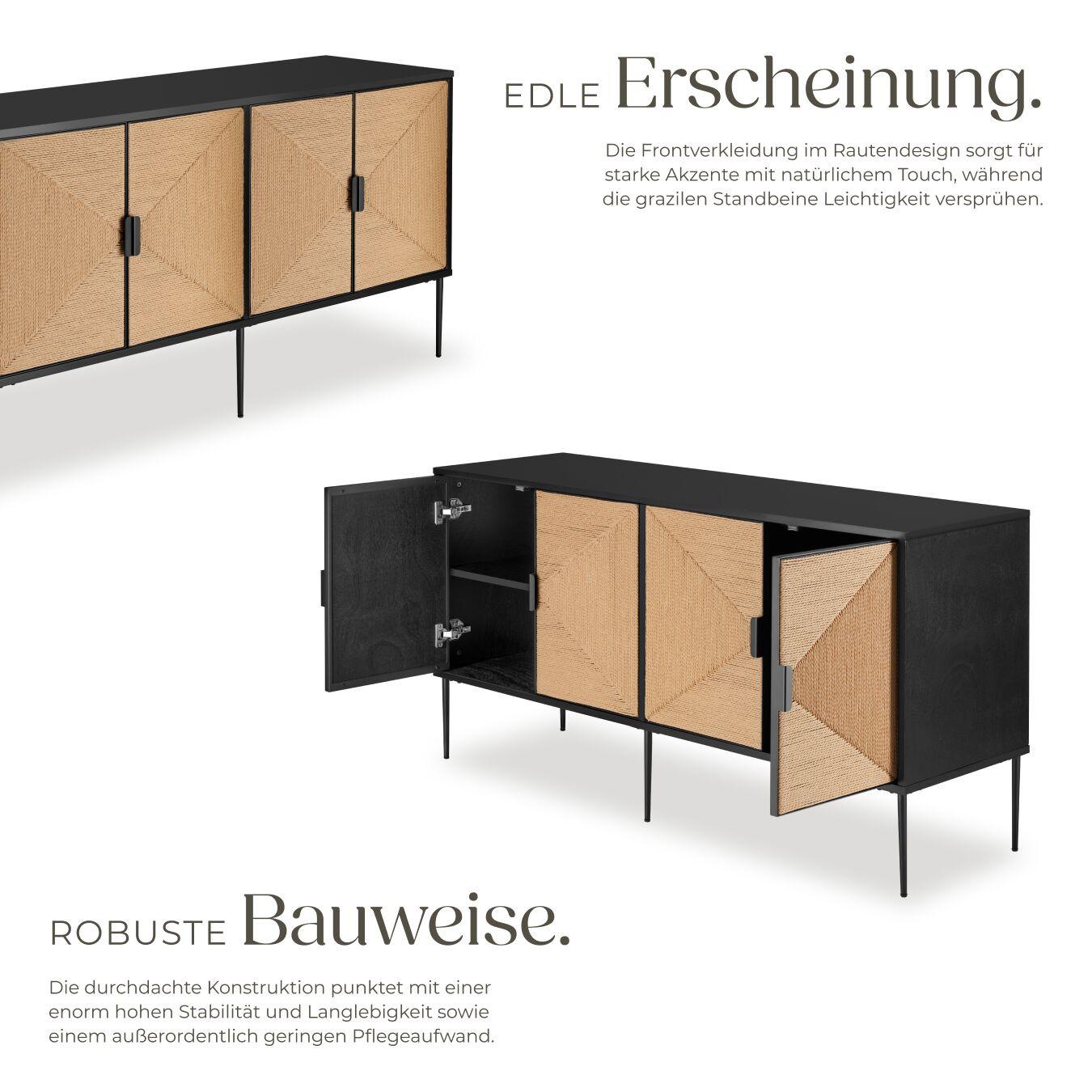 Tectake Sideboard Juna im Boho-Stil, Holzkorpus mit Fronten in Jute-Optik 2 Fächer mit Magnettüren und Zwischenböden  