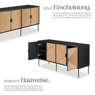 Tectake Sideboard Juna im Boho-Stil, Holzkorpus mit Fronten in Jute-Optik 2 Fächer mit Magnettüren und Zwischenböden  