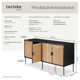 Tectake Sideboard Juna im Boho-Stil, Holzkorpus mit Fronten in Jute-Optik 2 Fächer mit Magnettüren und Zwischenböden  