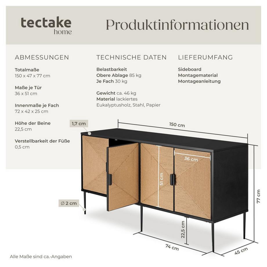 Tectake Credenza Juna, parti frontali effetto juta, 2 scomparti armadio  