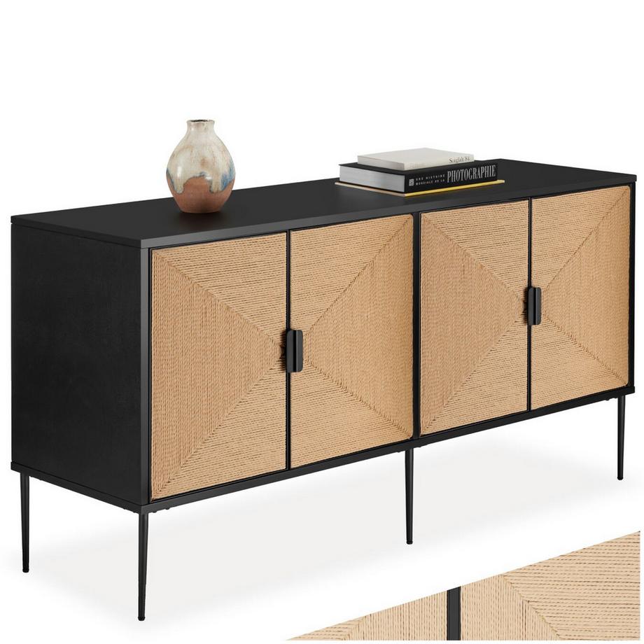 Buffet effet jute avec rangement JUNA Style bohème en bois avec portes aspect jute