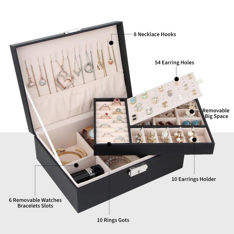 Only-bags.store  Schmuckkästchen mit 2 Ebenen, PU-Leder-Schmuckkästchen 