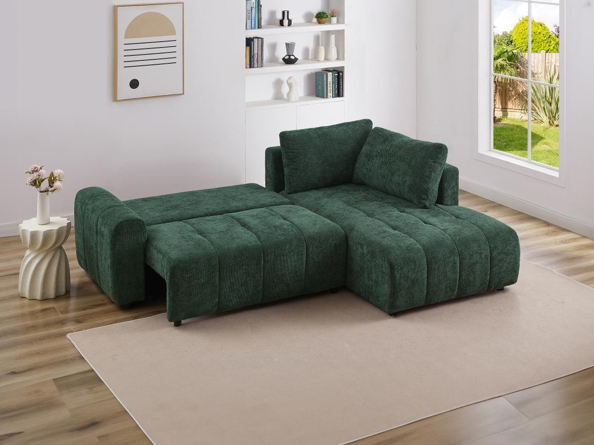 Vente-unique Canapé d'angle droit convertible en tissu texturé vert RICIA  