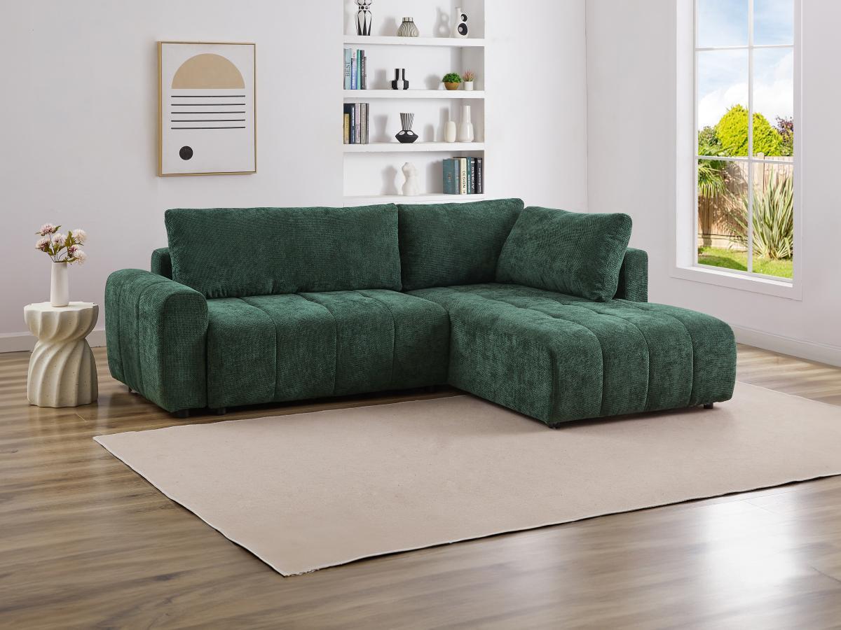 Vente-unique Canapé d'angle droit convertible en tissu texturé vert RICIA  