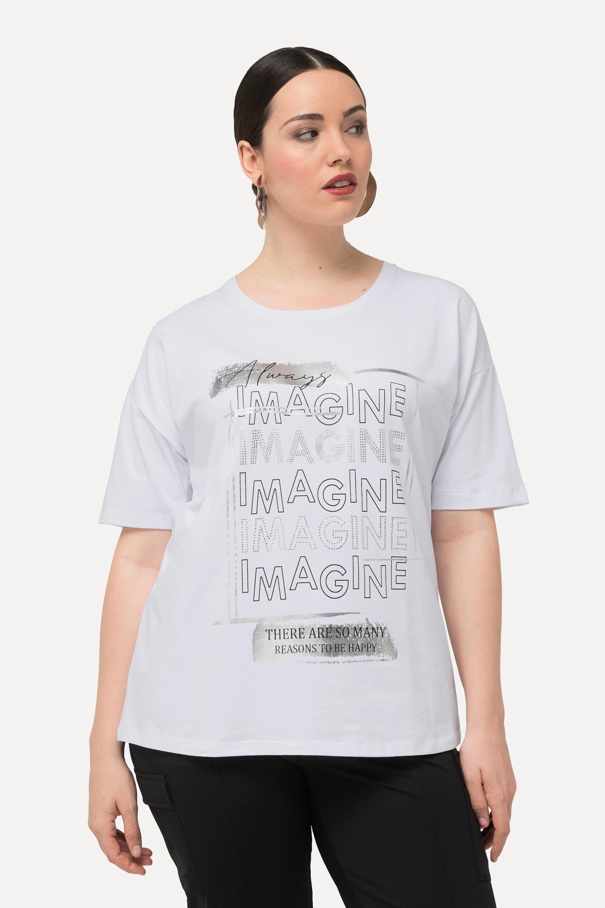 Ulla Popken  T-shirt « Imagine », col rond et manches courtes, pierres fantaisie 