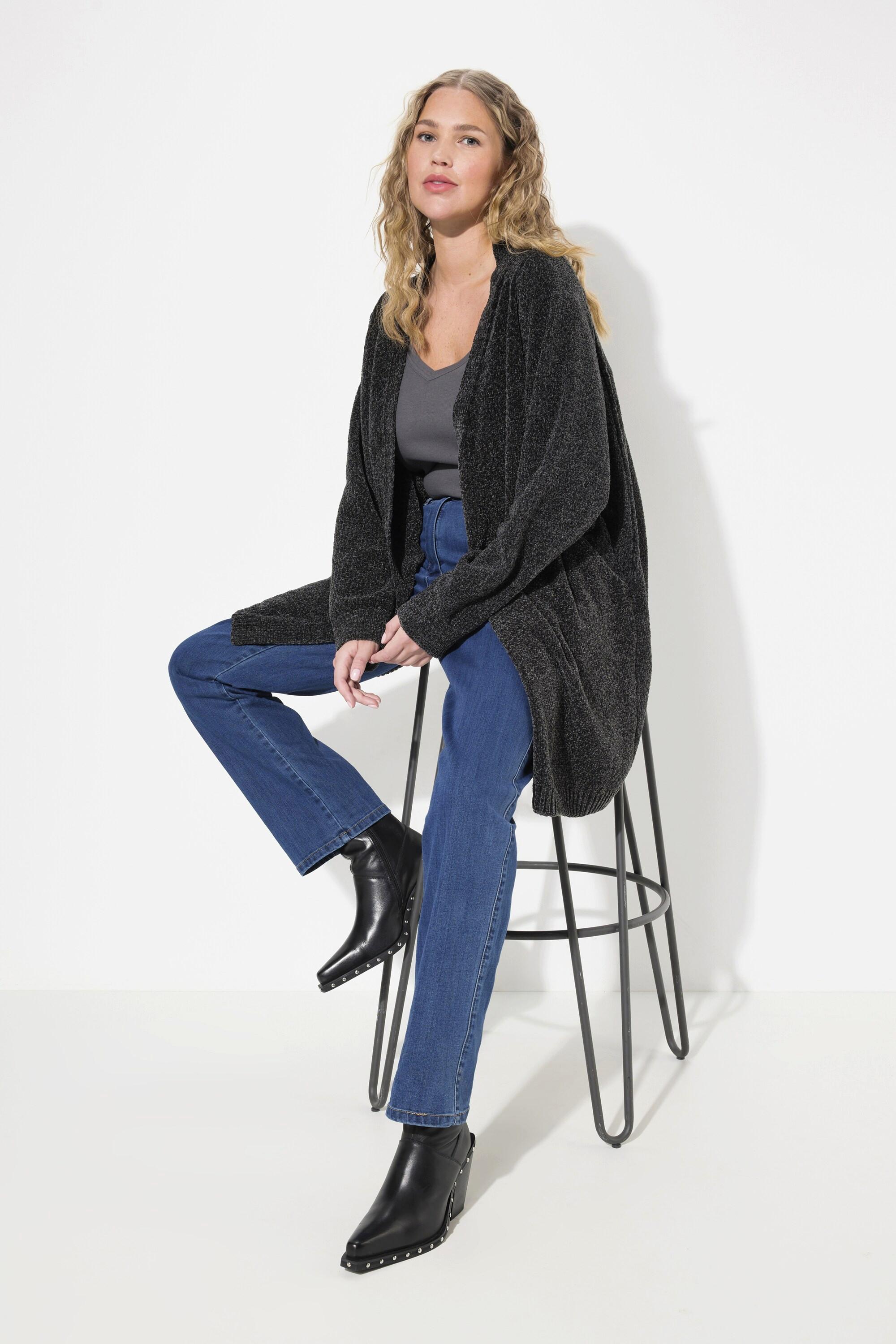 Ulla Popken  Cardigan oversize en maille de fil chenille, à col en V, coupe ouverte 