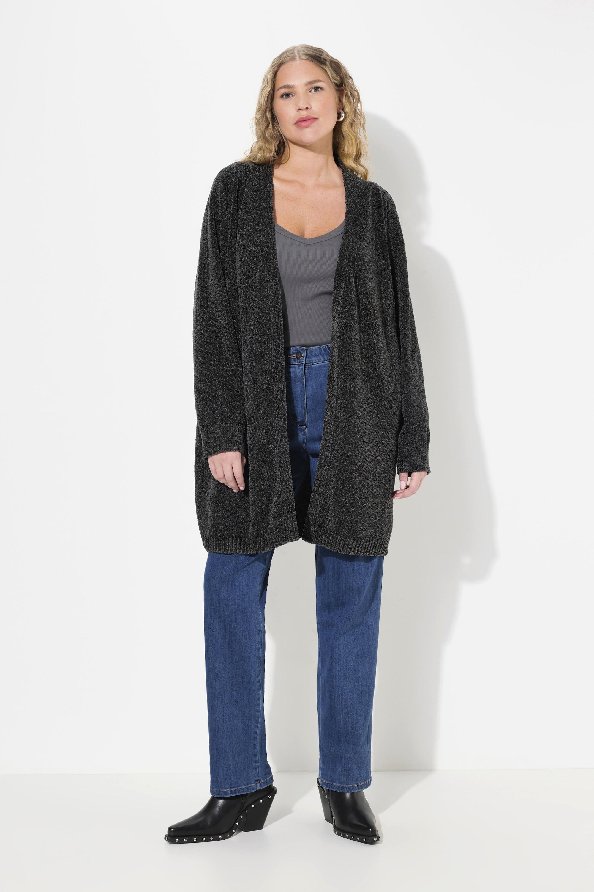 Ulla Popken  Cardigan oversize en maille de fil chenille, à col en V, coupe ouverte 